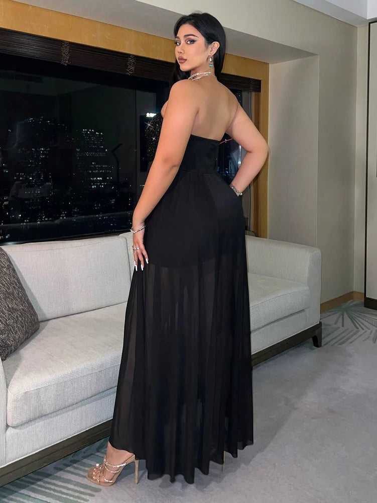 Sequin Strapless High-Slit Maxi Evening Dress