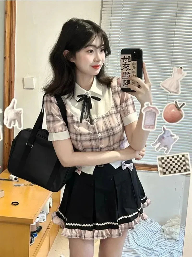 Sweet College Plaid Patchwork Shirt Pleated Skirt Set