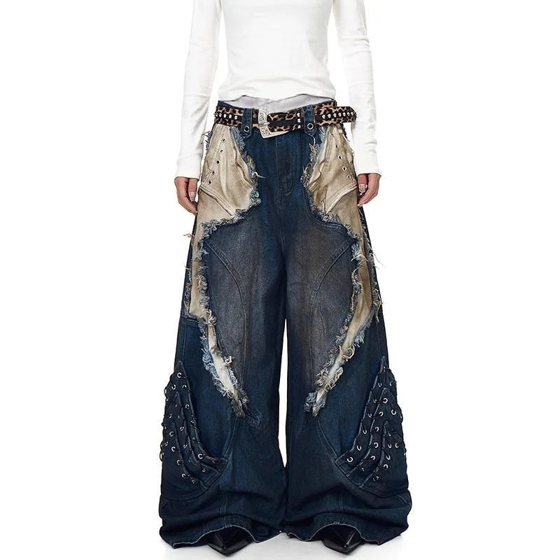 Washed Patchwork Baggy Ripped Jeans