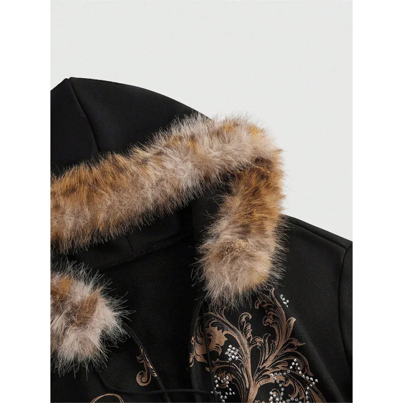 Faux Fur Trim Corset Zip-Up Hoodie