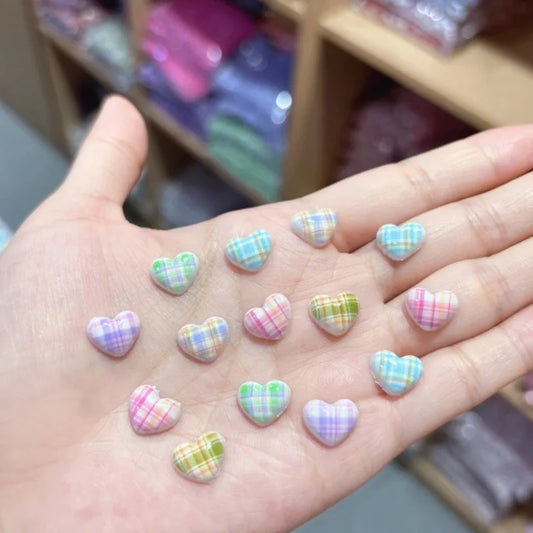 100Pcs 10×11mm Heart Plaid Nail Charms - 3D Sweet Girl Nail Art, Lovely Press-On Nail Decor for DIY Kawaii Manicures