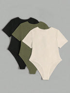 (3pcs) Round Neck Short Sleeve Bodysuit Set