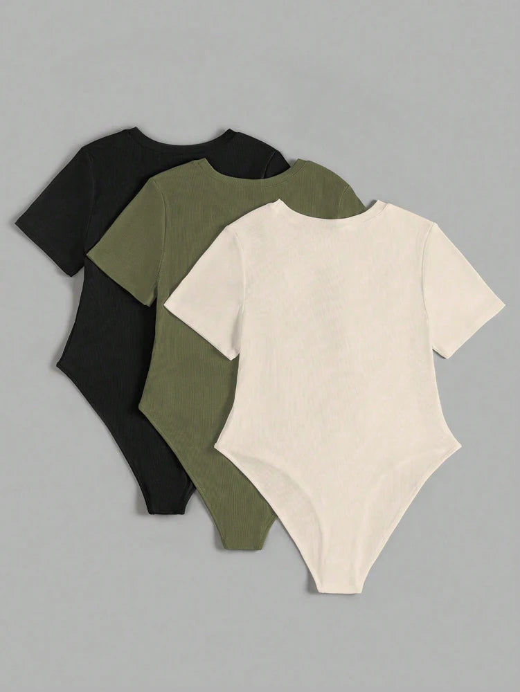 (3pcs) Round Neck Short Sleeve Bodysuit Set