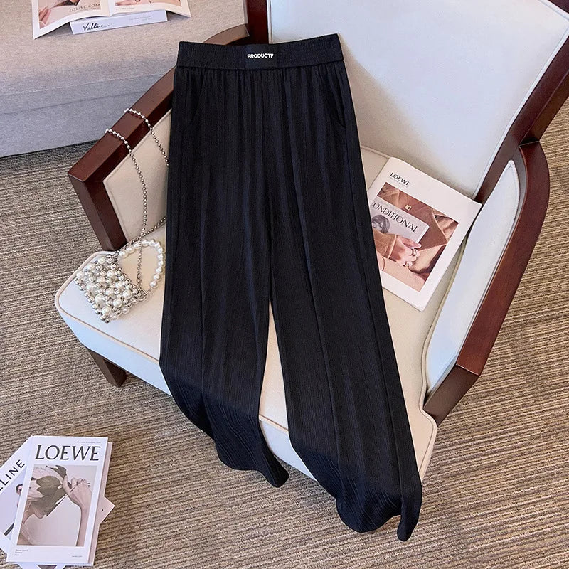 Loose Straight Leg High Waisted Ice Silk Cropped Pants