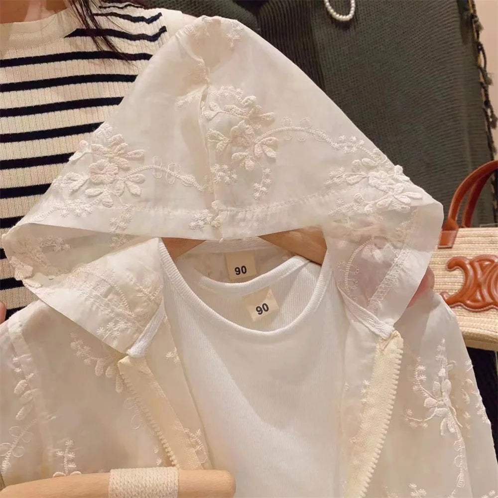 Lace Embroidery Hooded Sunscreen Coat Shorts Vest Three Piece Set