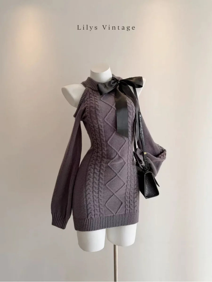 Long Sleeved Off Shoulder Sweater Lantern Sleeve Knitted Dress