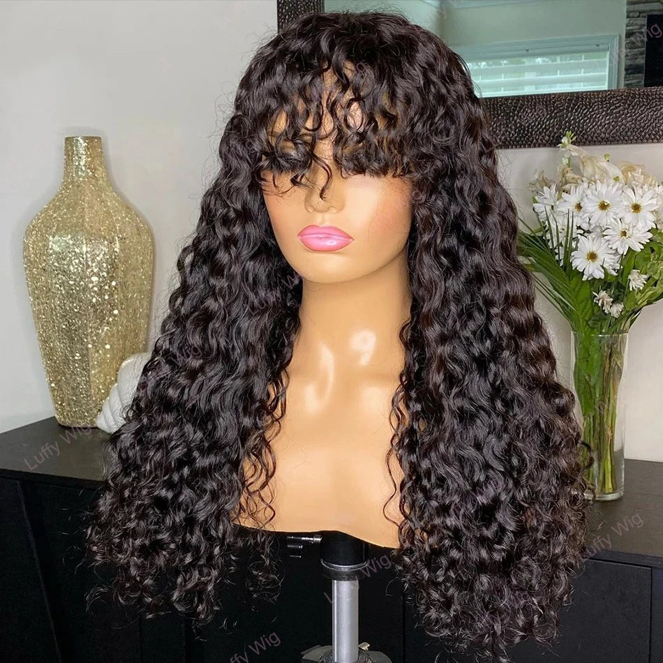 Water Wave Human Hair Wigs With Bangs