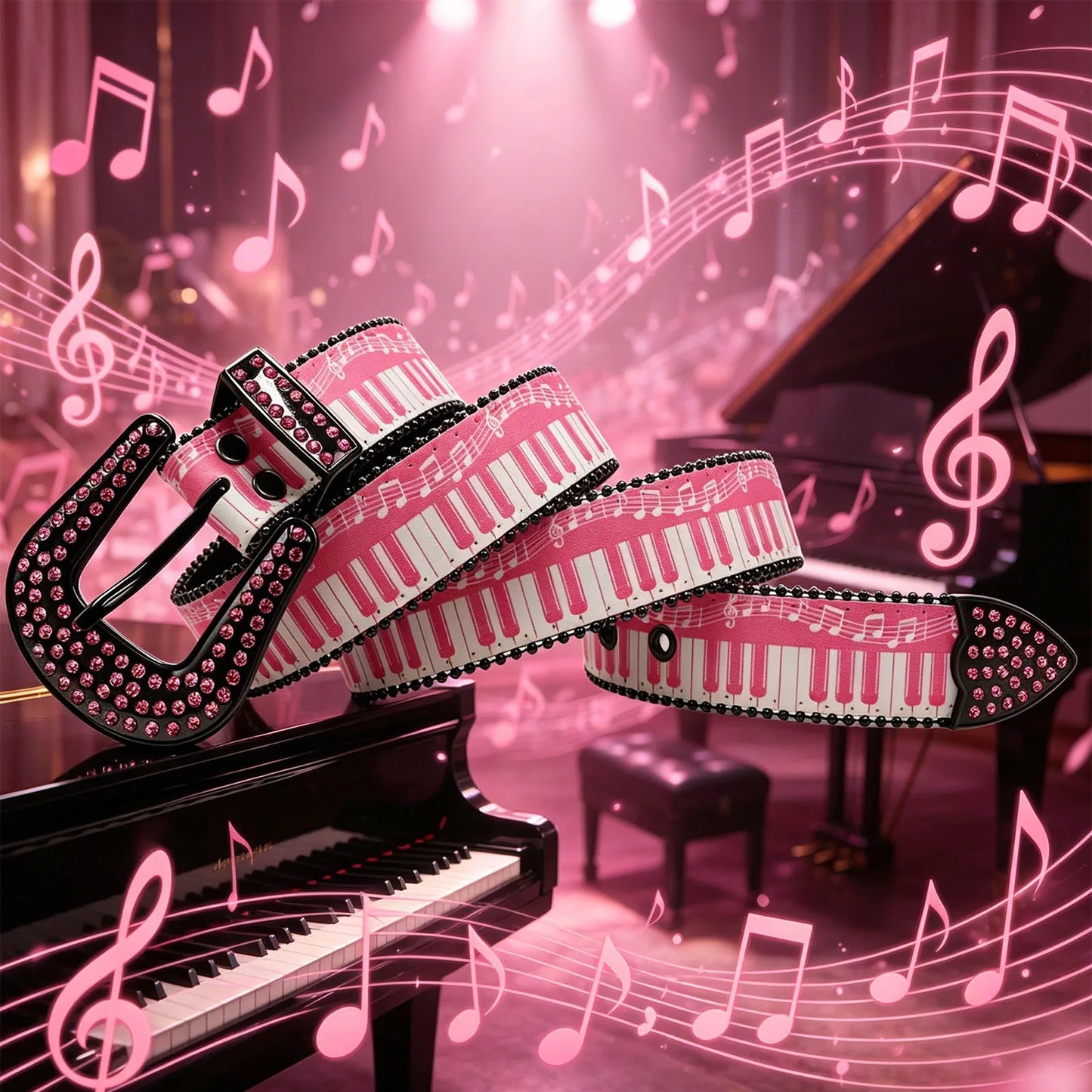 Western Cowboy Rhinestone Buckle PU Belt, Cute Pink Piano Keys & Musical Notes Print Glitter Decor Belt for Women Jeans Pants