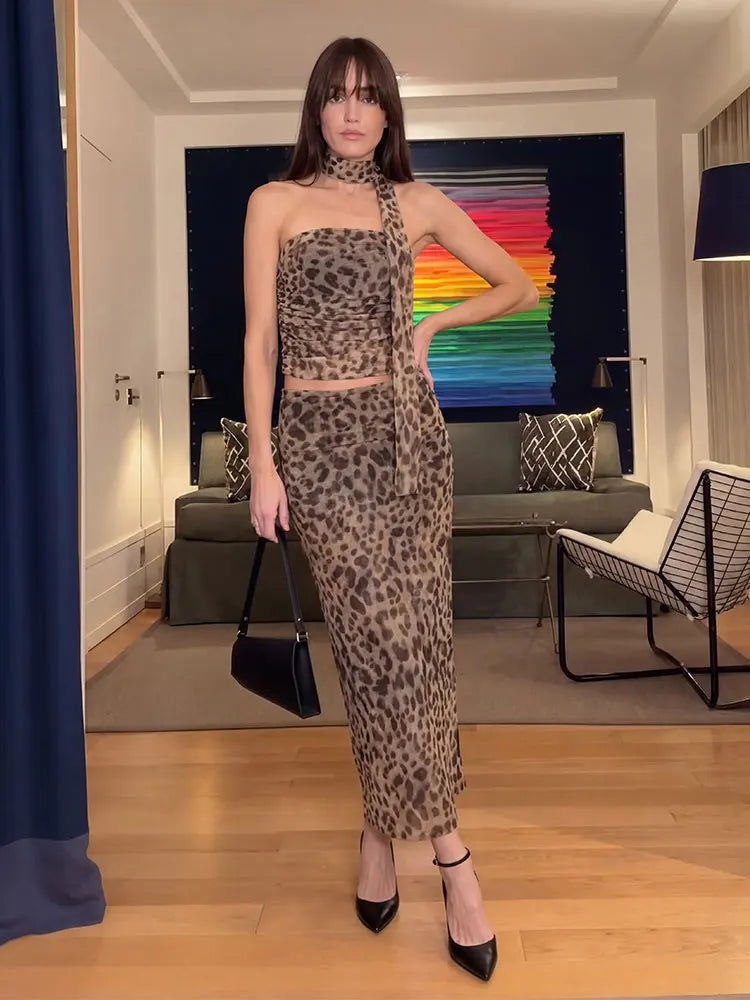 Strapless Ruched Crop Top Maxi Skirt Set With Choker