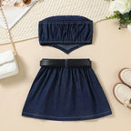 Denim Tops + Pleated Skirt + Bow Belt 3 Pcs Set