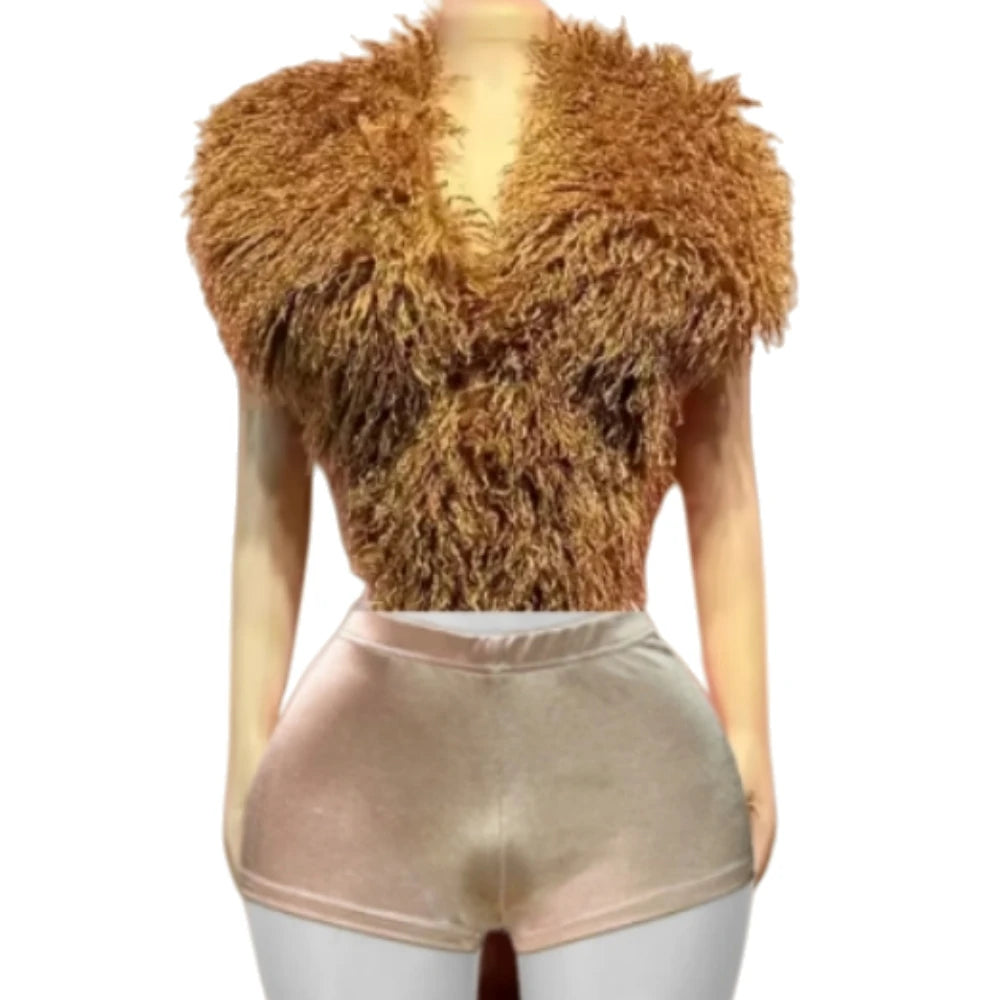 HLJ&GG Fashion Fur Sleeveless Vest Two Piece Set