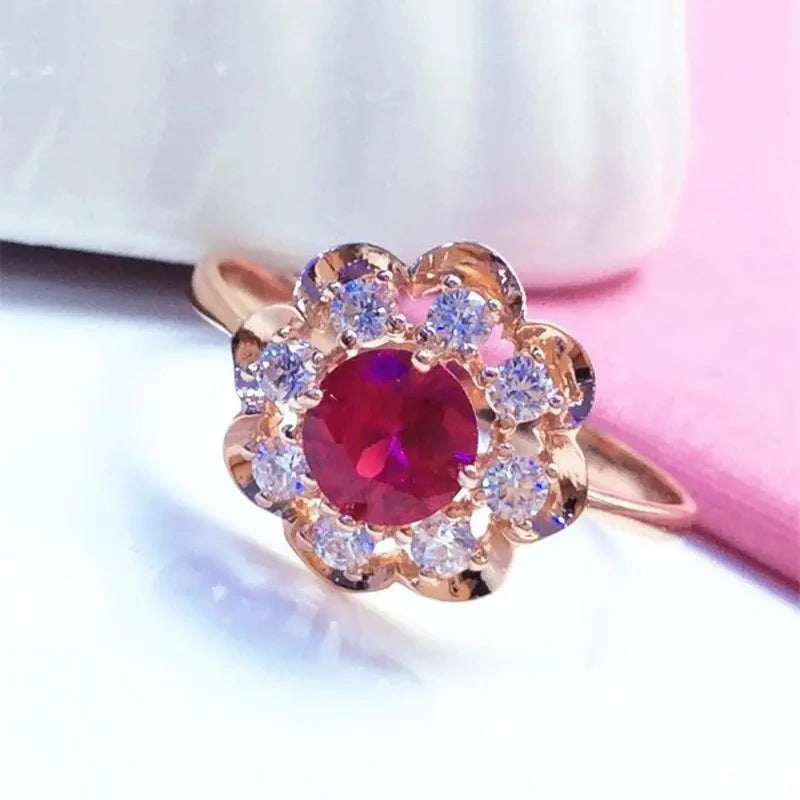 585 Purple Gold Plated 14K Rose Gold Inlaid Crystal Luxury Flower Rings