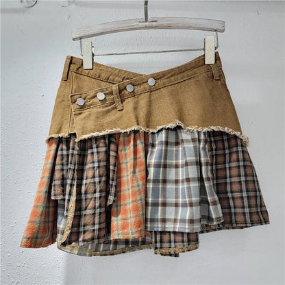 Plaid Denim Patchwork Irregular A-Line Mini Skirt