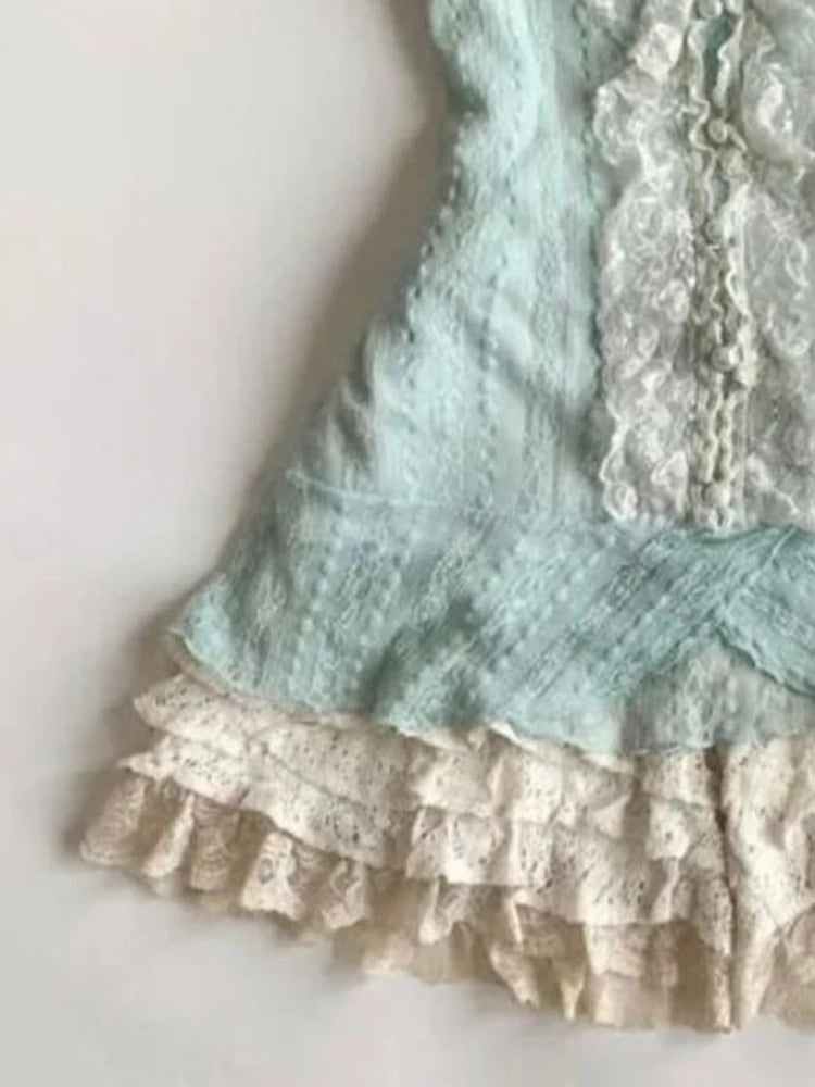 Casual Lace Green Top + Design Mini Skirt