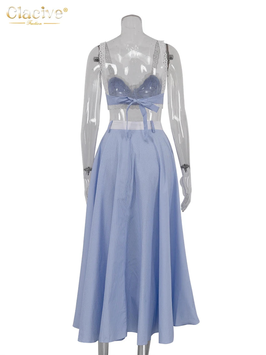 Loose Blue Stripe Skirt Set