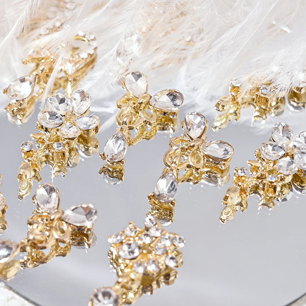 10Pcs Zircon Pendant Luxury Nail Art Charms 3D Gold Metal Nail Crystal Shinying Diamond Flowers/Butterlfy Manicure Accessories