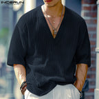 V Neck Half Sleeve Solid Color Ribbed Knitted Shirt
