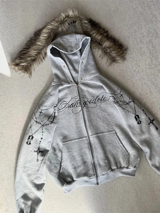 Faux Fur Hooded Jacket With Cross Print