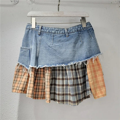 Plaid Denim Patchwork Irregular A-Line Mini Skirt
