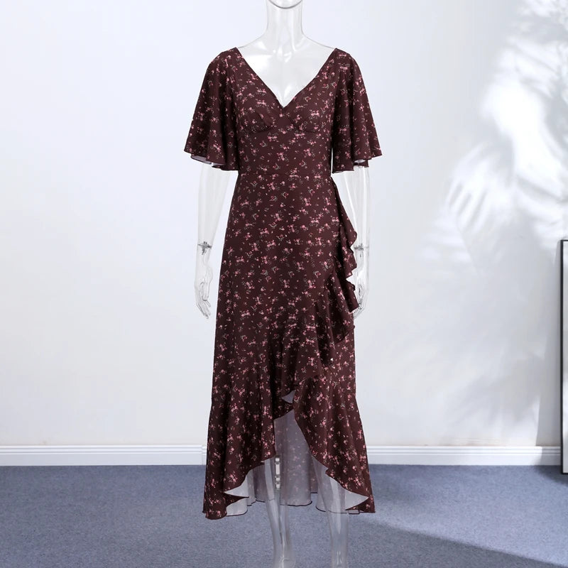 Print Long Ruffle Pleated Short Sleeve V-Neck Dress