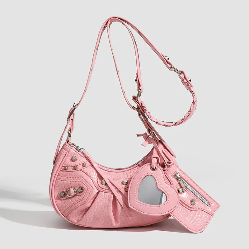 Croc-Embossed Biker Shoulder Bag