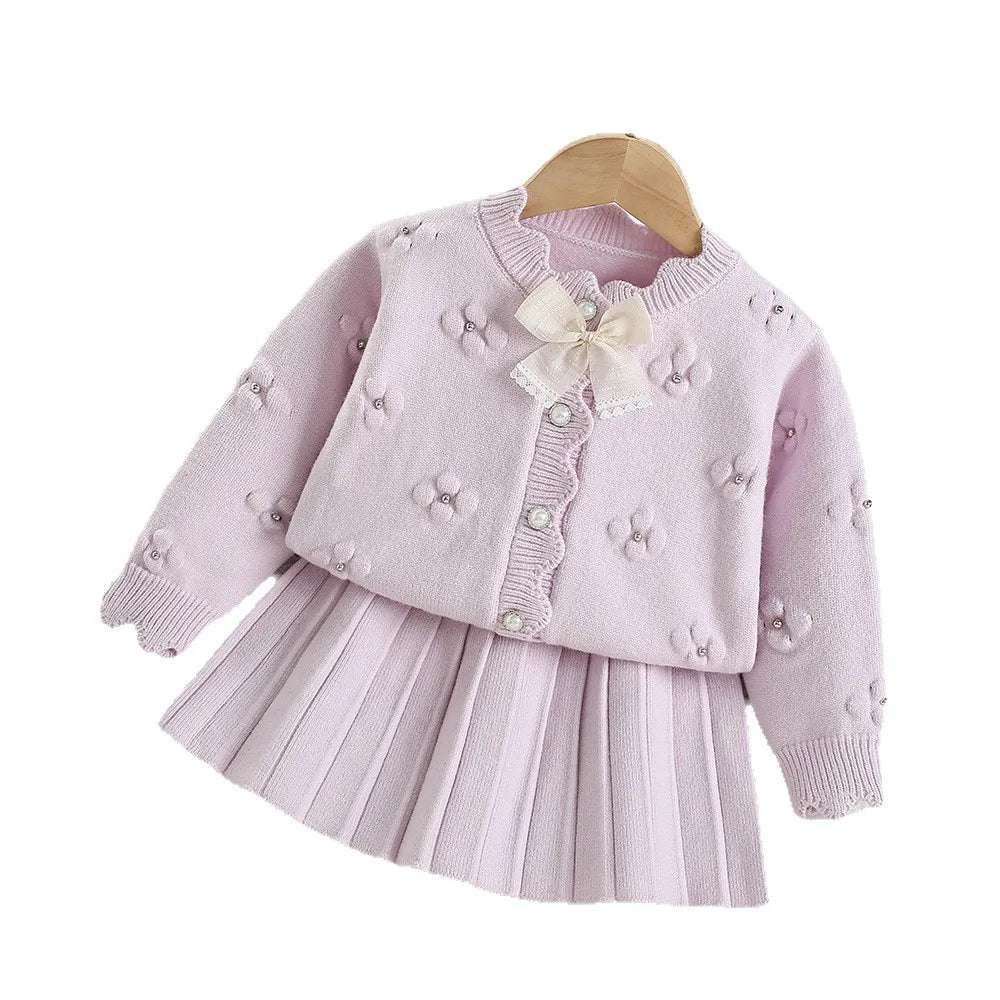 Flower Bow Knitted Cardigan + Short Skirt Set