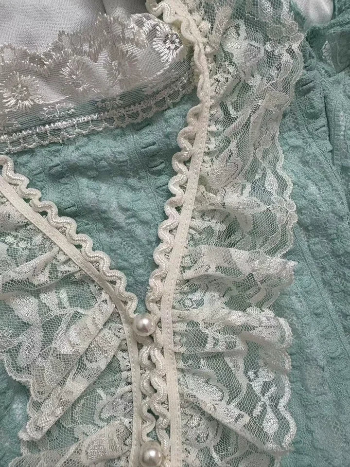 Casual Lace Green Top + Design Mini Skirt