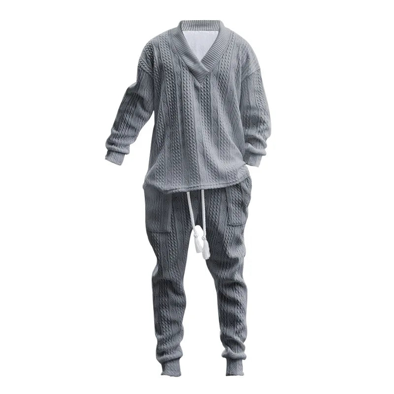 Casual Trousers V-Neck Versatile Jacquard Knitted Sweater Set
