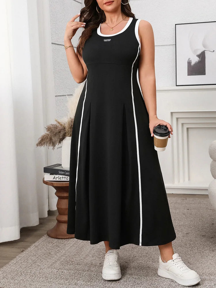 Contrast O-Neck Sleeveless A-Line Dress