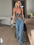 Zebra Print Spaghetti Strap Maxi Top Pants Jumpsuit
