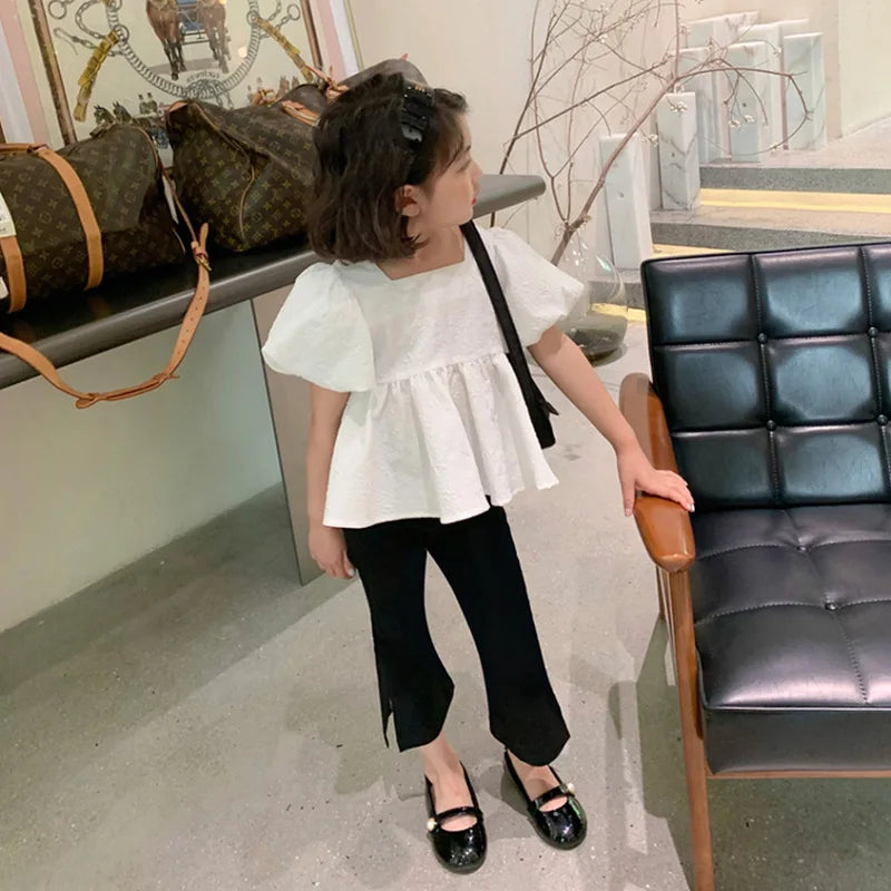Bow Short Sleeve Sweet Square Neck Bubble Backless Top