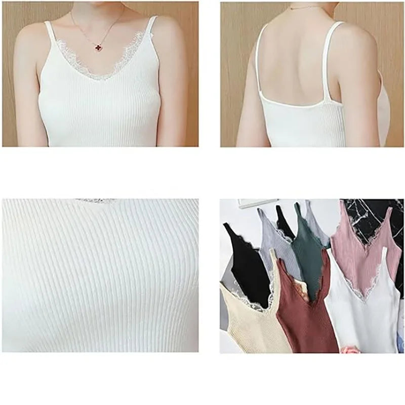 Lace Top V-neck Solid Knit Tank