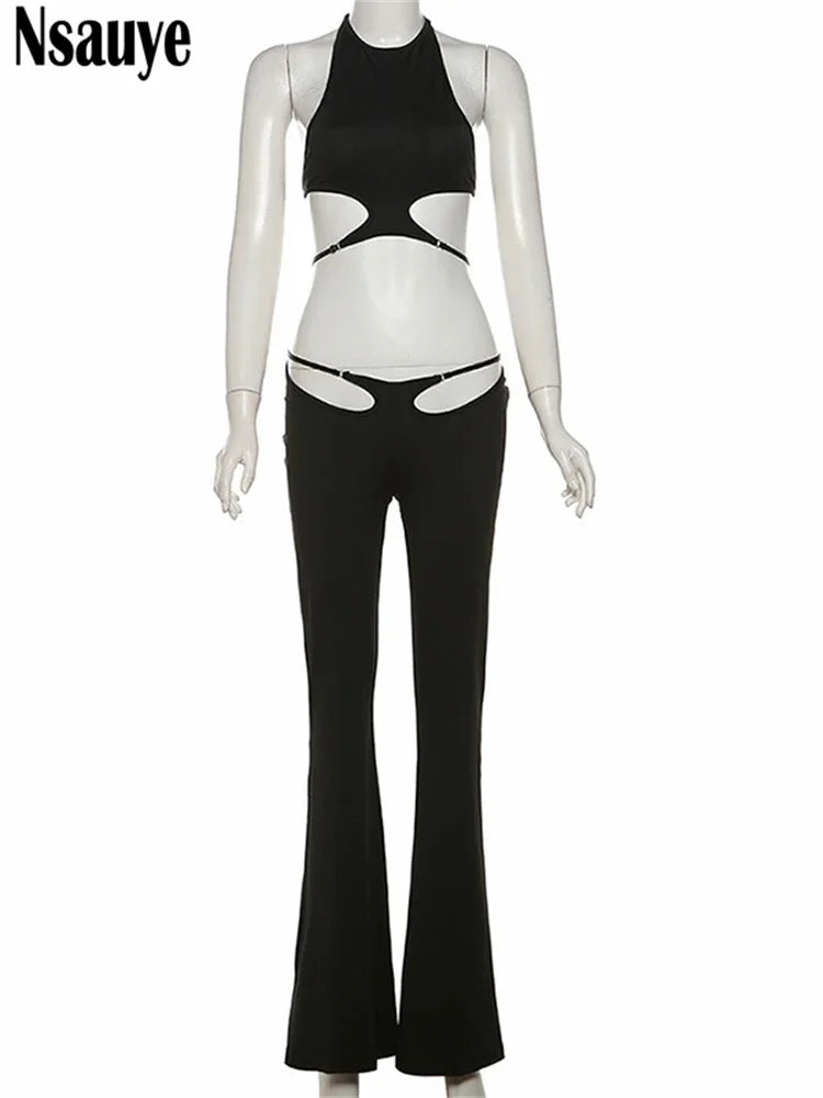 Slim Club Crop Tops And Cut Out Long Pants Set