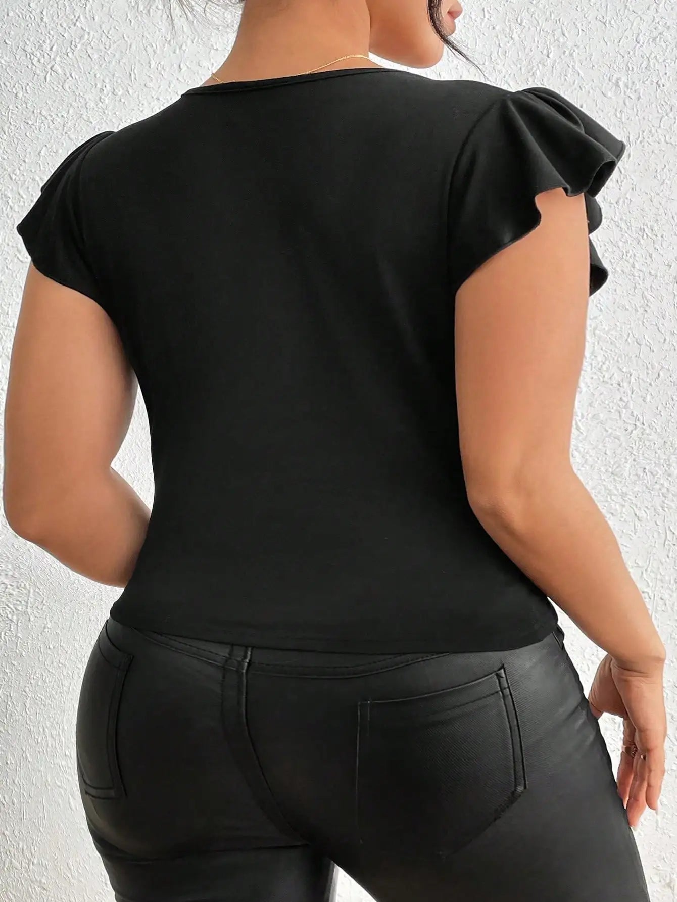 V-Neck Sheer Mesh Panel Flutter Sleeve Tee