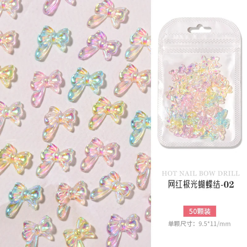 50PCS Aurora Acrylic 3D Nail Art Bow Charm For Nails Decoration Design Kawaii Manicure Accessories Bow-knot DIY Craft Supplies