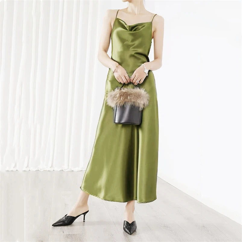 Solid Ice Silk Spaghetti Strap Dress