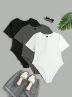 (3pcs) Round Neck Short Sleeve Bodysuit Set