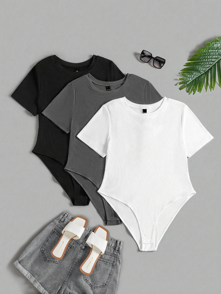 (3pcs) Round Neck Short Sleeve Bodysuit Set