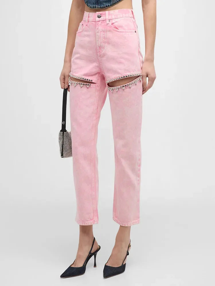 TWOTWINSTYLE Hollow Out Patchwork Diamonds Jeans