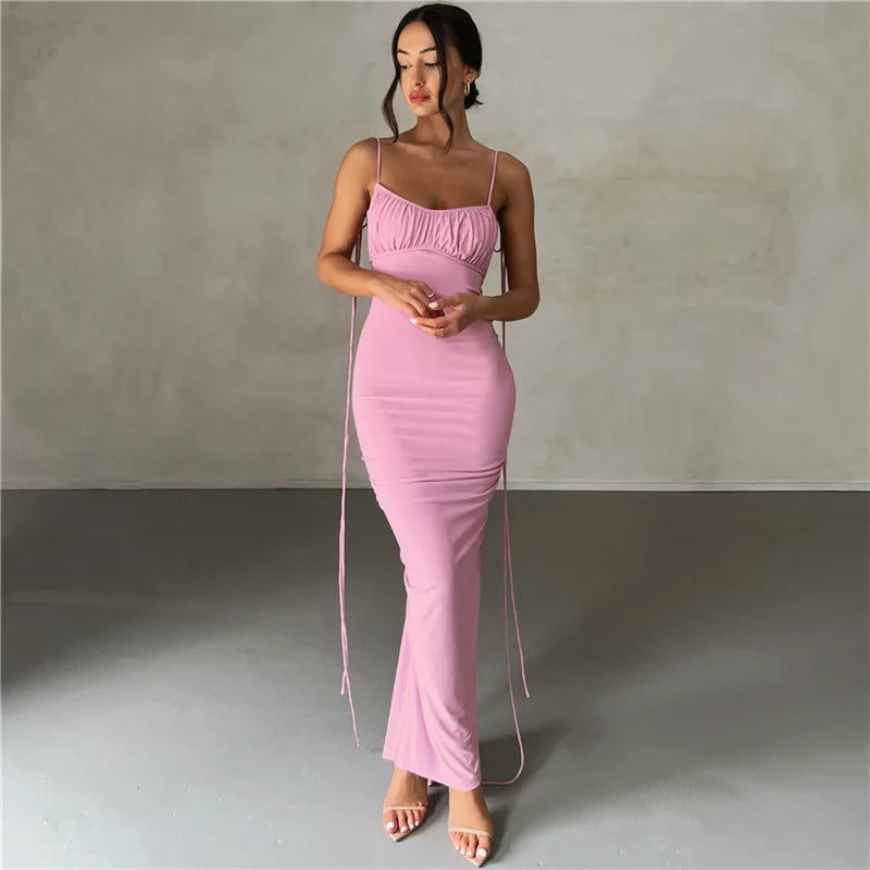 Deep V-Backless Ruched Maxi Dress