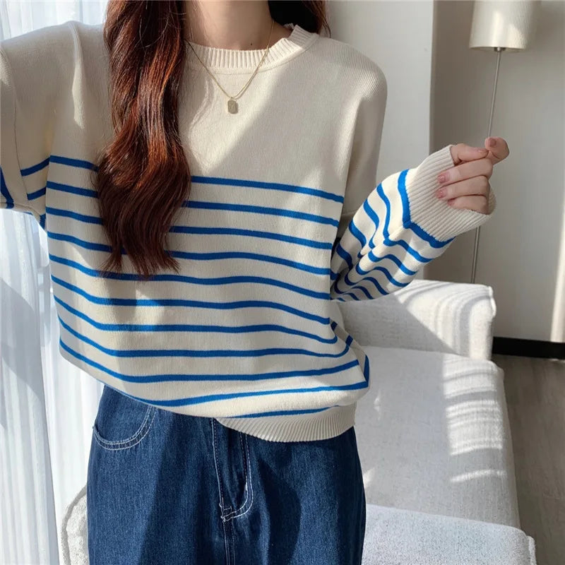 Striped Crew Neck Long Sleeves Knit Sweater