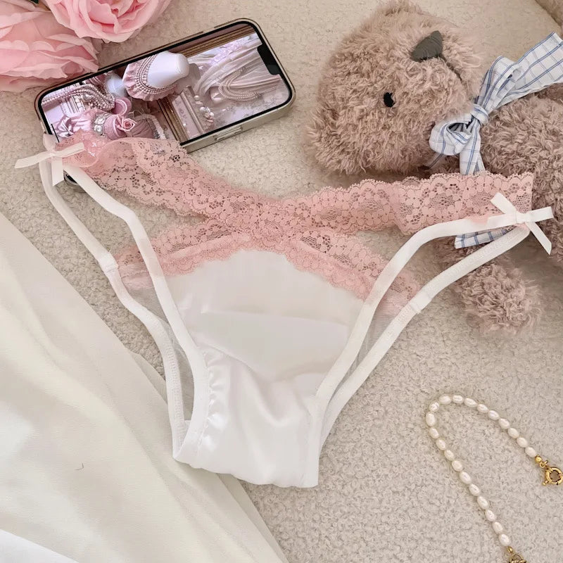 SP&CITY Cross Belt Lace Transparent Sexy Women's Underpants Low Waist Mesh Hollowed Bow Panties Cotton Crotch Breathable Briefs