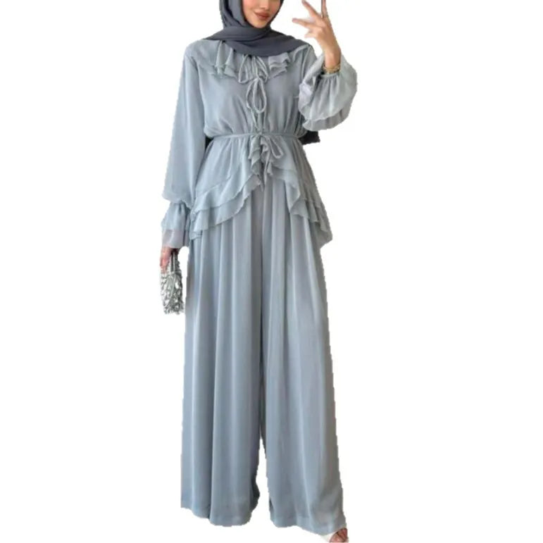 Women Top Wide Leg Pants 2 Piece Set Ramadan Eid Muslim Blouse Trousers Arabic Outfits Morocco Lace Up Dubai Islam Ensemble