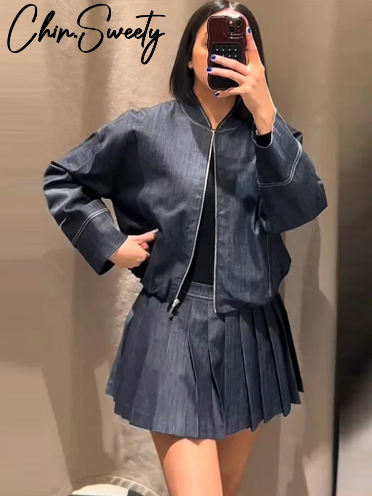 Denim Coat Mini Skirt Set