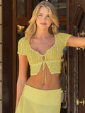 Lace Floral Print Short Sleeve Buttons Bandage Sexy Sheer Crop Tee