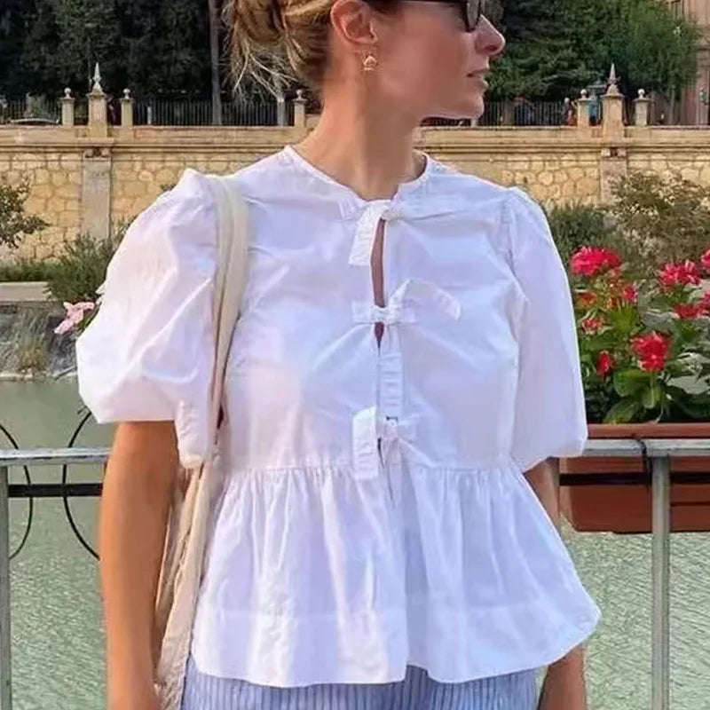 HXAO Frill Loose Fit Top Short Sleeve Crop Lace-Up Blouse