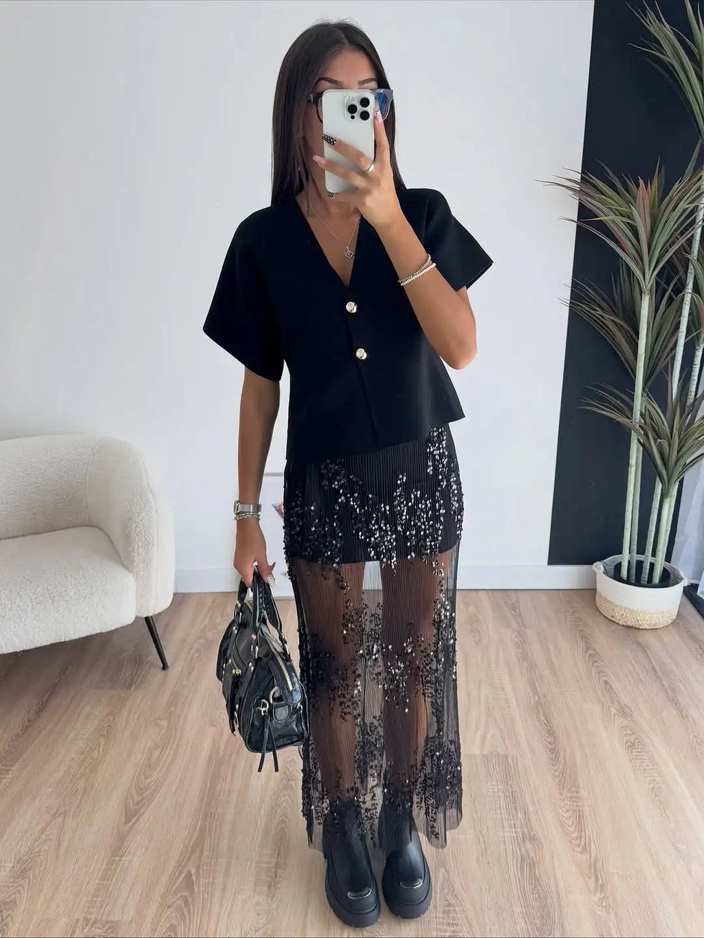 Sequin Patchwork Lace Long Skirt