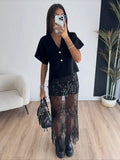 Sequin Patchwork Lace Long Skirt