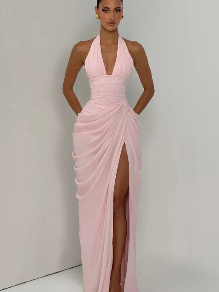 Solid Pleated Halter Dress