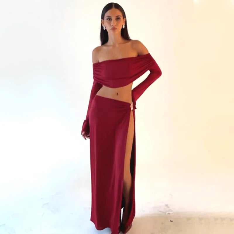 Off-Shoulder Crop Top & High-Slit Maxi Skirt Set